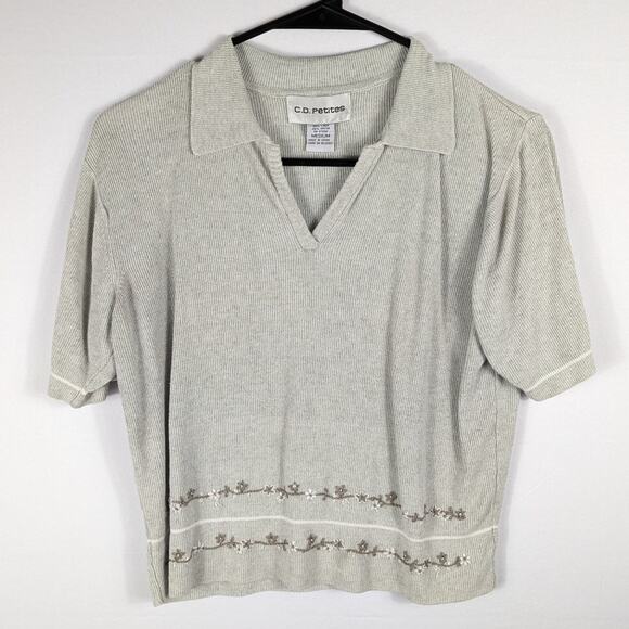 CD Petites M Linen Rayon Knit Top Collar Embroidered Floral Cottagecore Shirt - Picture 5 of 5